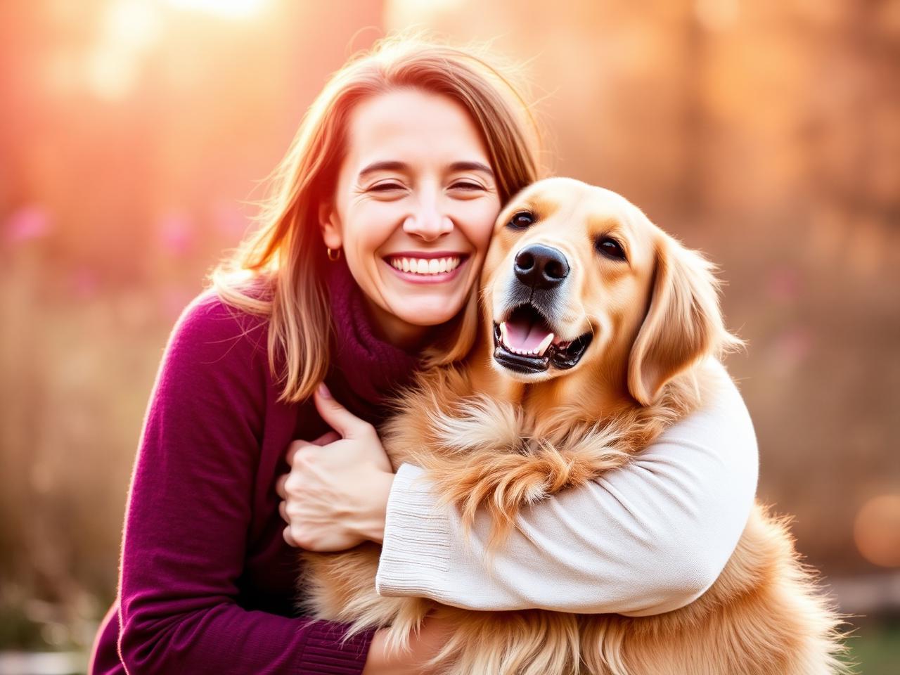 Mujer feliz abrazando a su perro de apoyo emocional